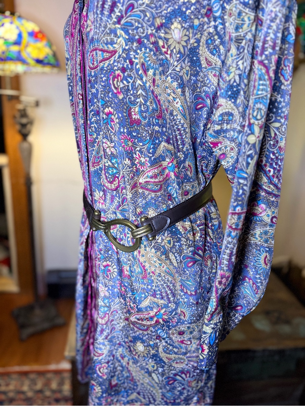 Summer Bright Paisley Button-Front Shirt Dress w/Leather Belt w/Metal Bucke - Picture 5 of 12